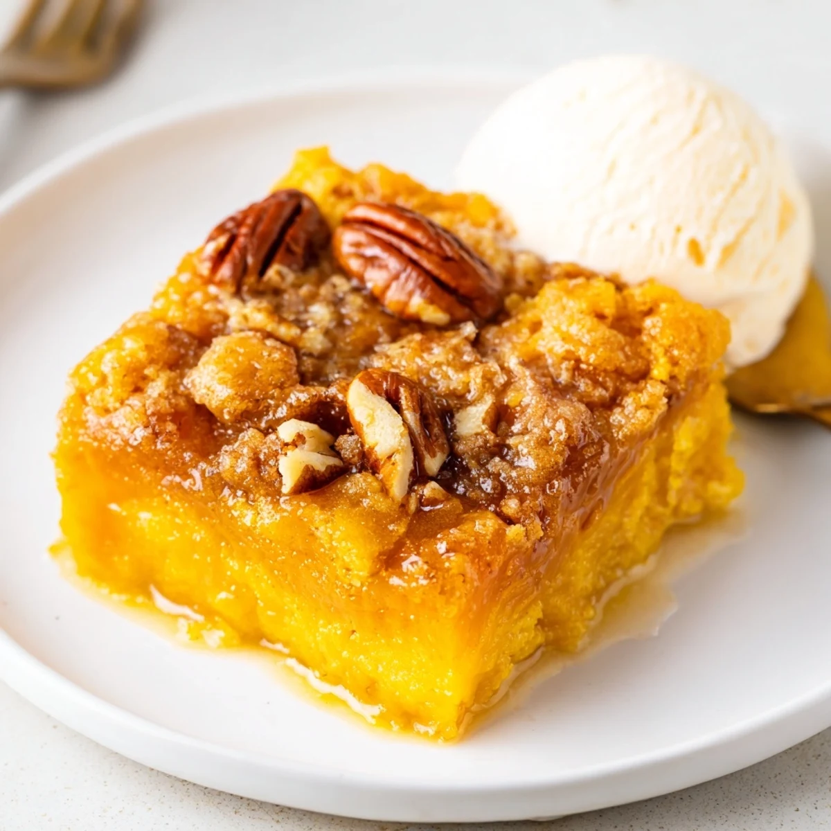 Warm Pumpkin Dump Cake slice on plate with melting vanilla ice cream