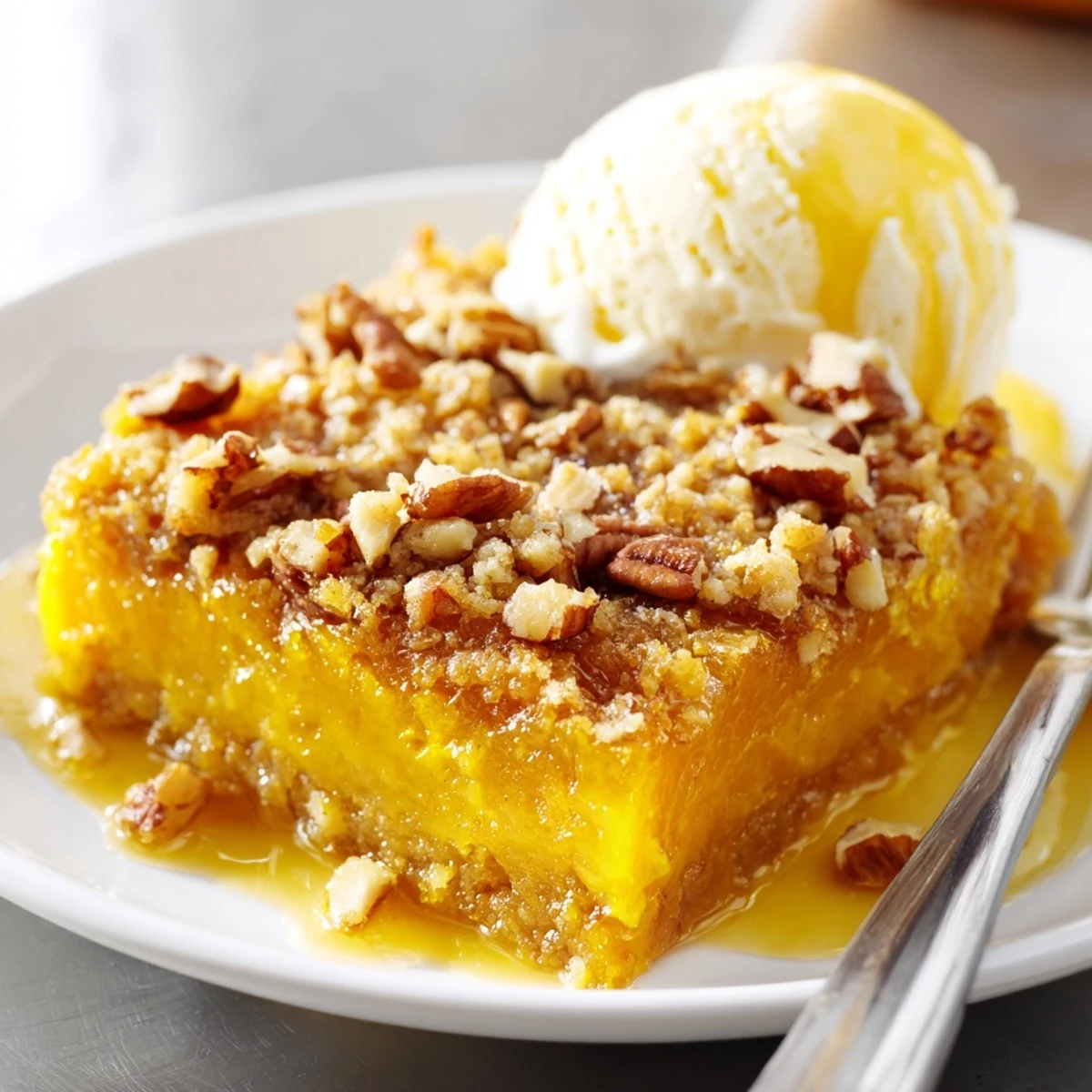 A spoon lifting gooey Pumpkin Dump Cake reveals spiced custard and crunchy topping