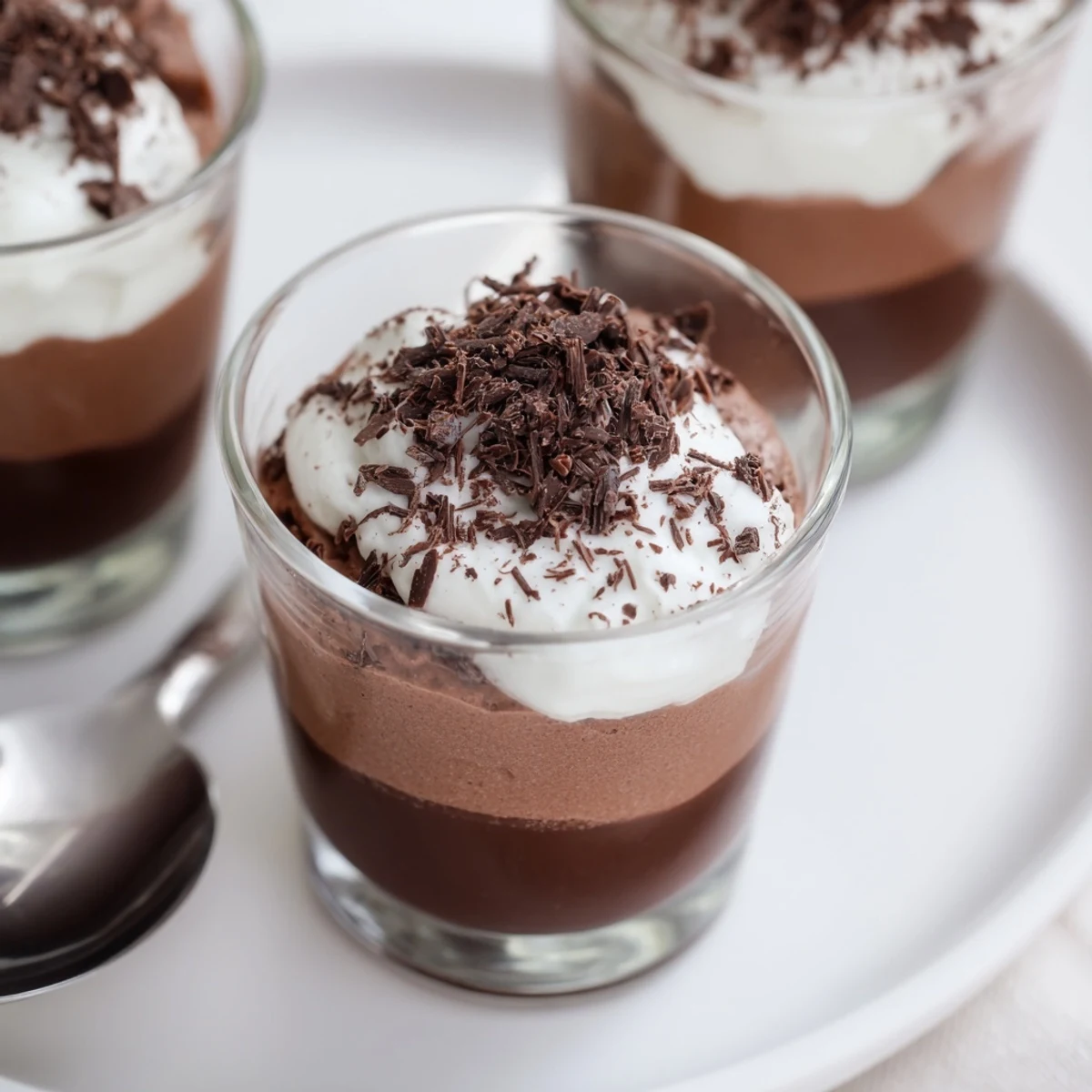 Creamy Triple Chocolate Mousse Cups chilled in glass, garnished with shavings