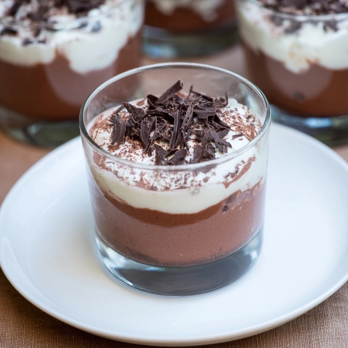 Triple Chocolate Mousse Cups showing glossy layered dark, milk, white mousses