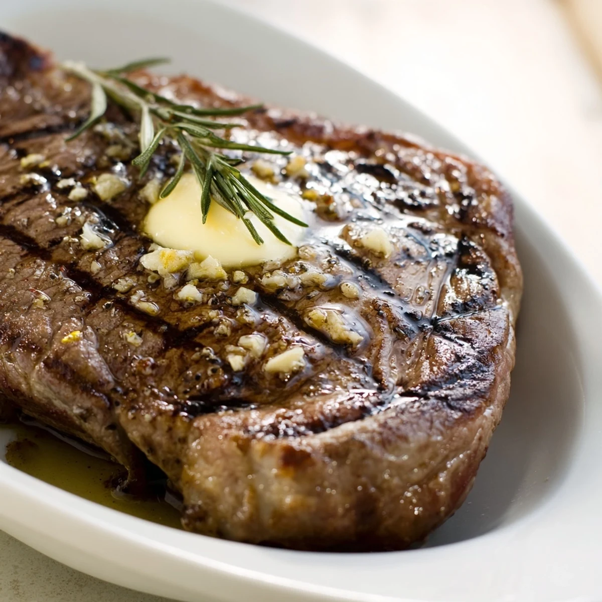 Perfectly seared how to grill steak recipe resting on a wooden cutting board with melted butter