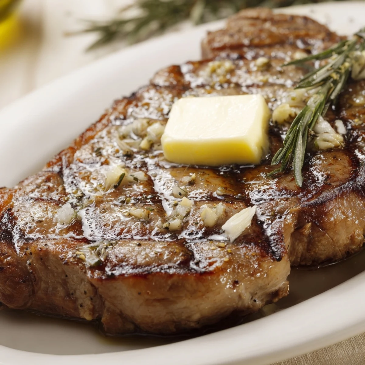 Juicy grilled steak sizzling on the barbecue grill with beautiful char marks and rosemary garnish