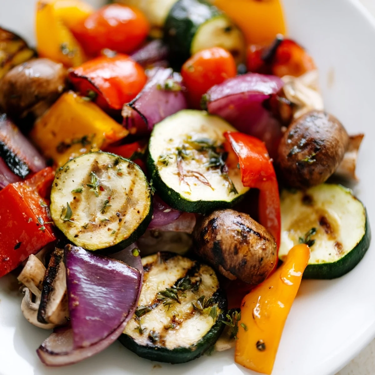 Colorful assortment of char-grilled vegetables coated in zesty herb marinade on platter