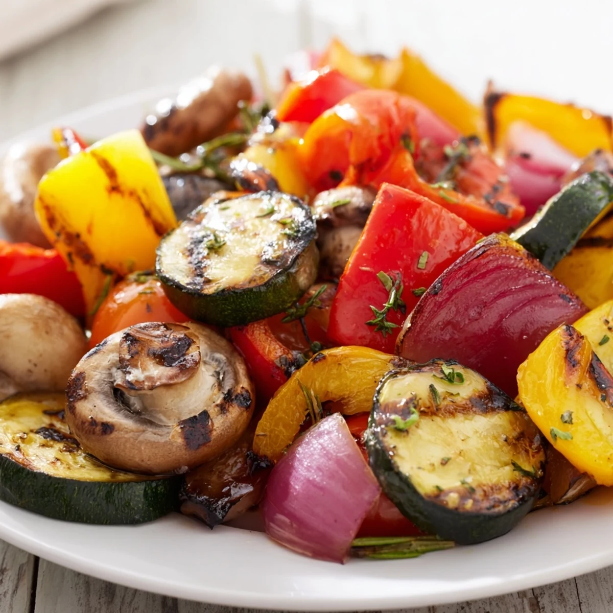 Fresh bell peppers zucchini and eggplant grilled to smoky tender perfection