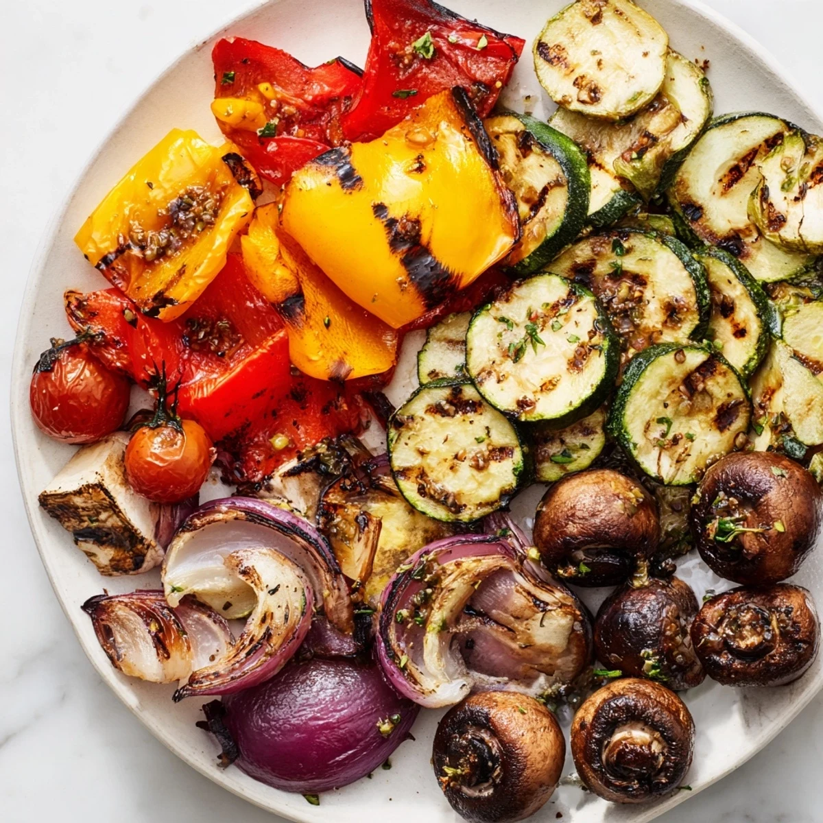Vibrant BBQ grilled vegetables marinated in balsamic herbs with golden char marks