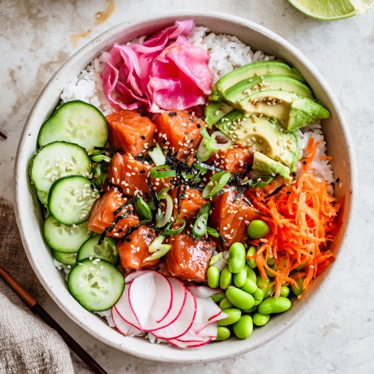 Fresh salmon and avocado poke bowl with colorful vegetables and sesame seeds