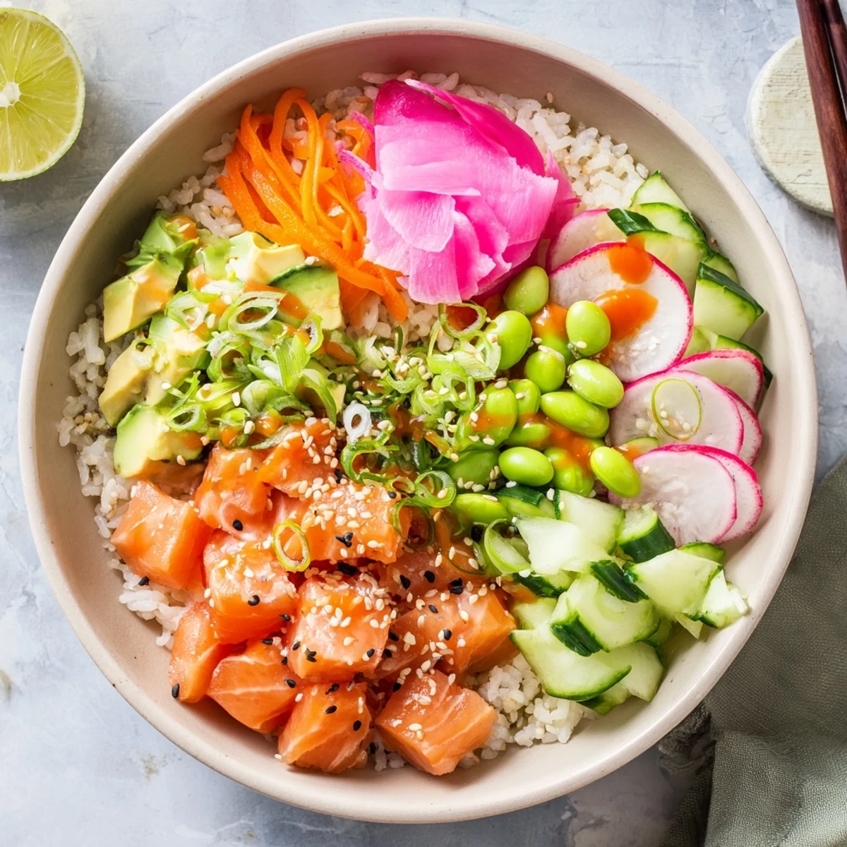 Salmon and avocado poke bowl served over seasoned rice with spicy mayo drizzle