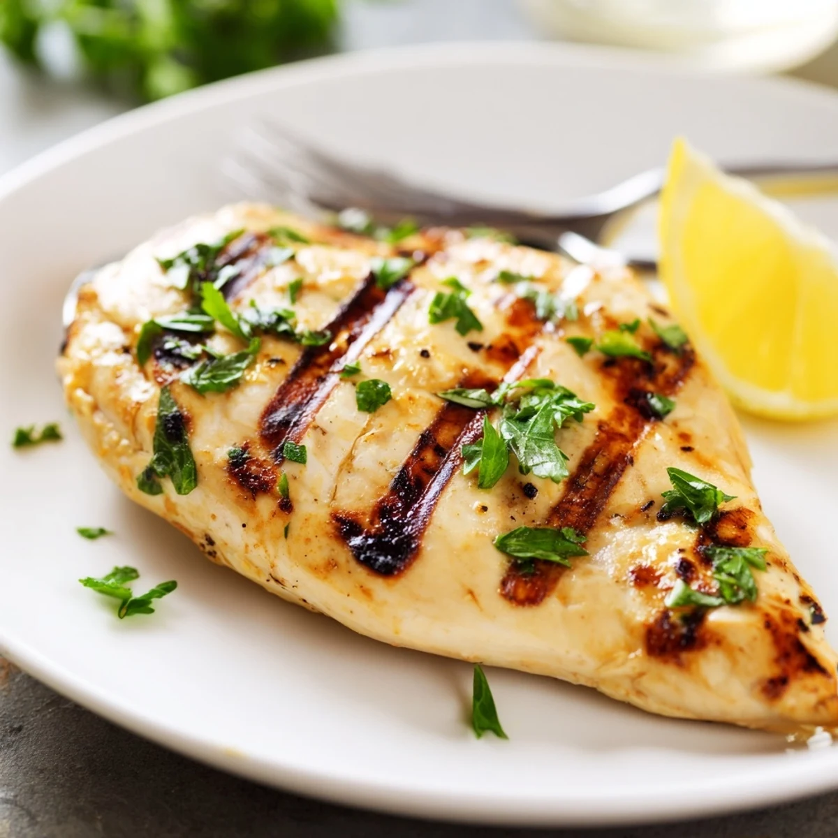 Golden brown grilled chicken breast with herb marinade and char marks on a white plate