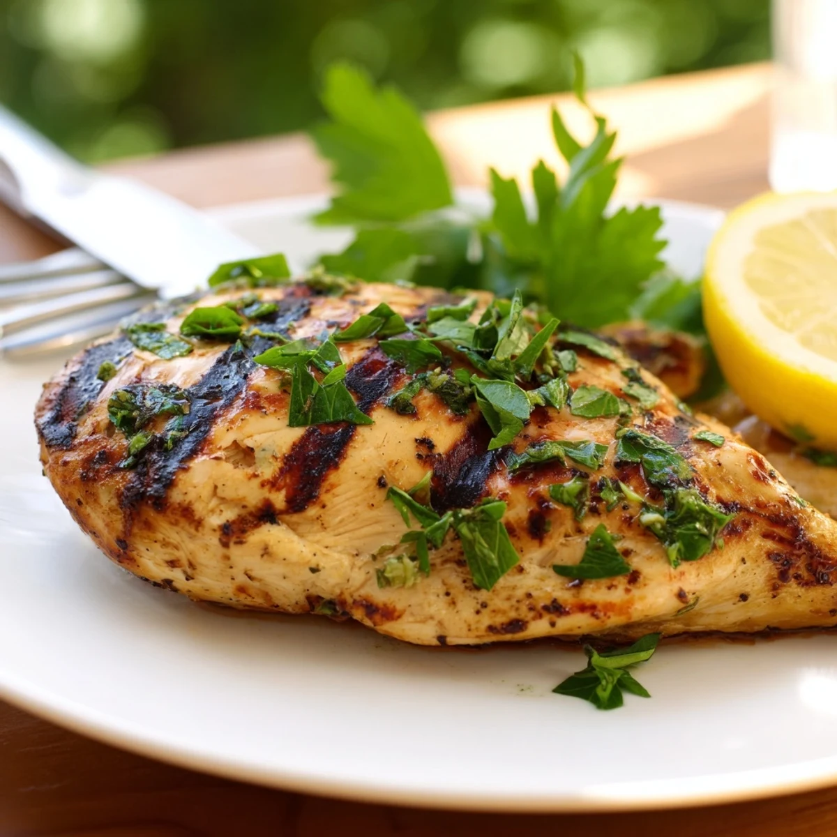 Juicy marinated grilled chicken with lemon and spices resting on a cutting board ready to serve