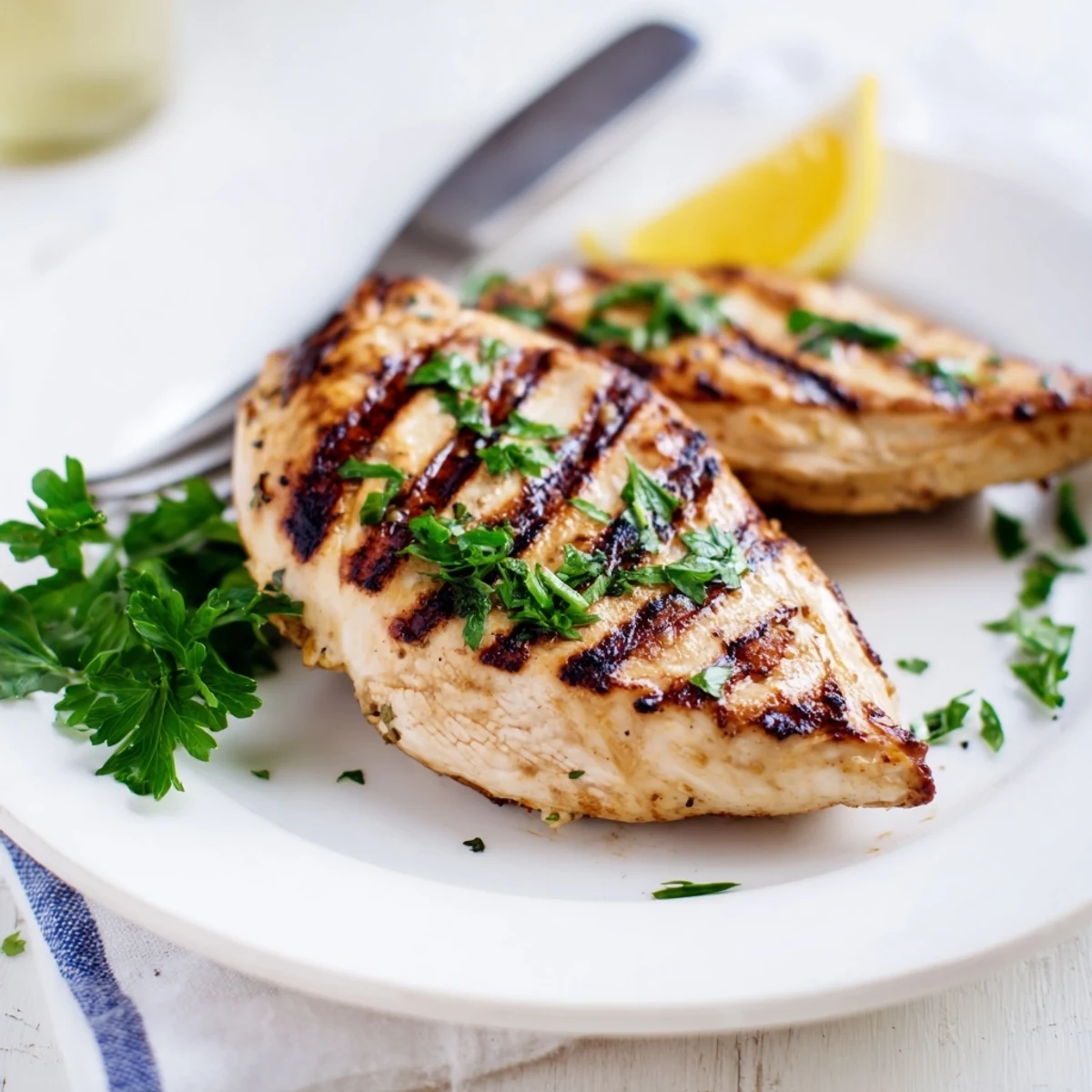 Perfectly grilled chicken pieces garnished with fresh parsley and lemon wedges on a rustic wooden board