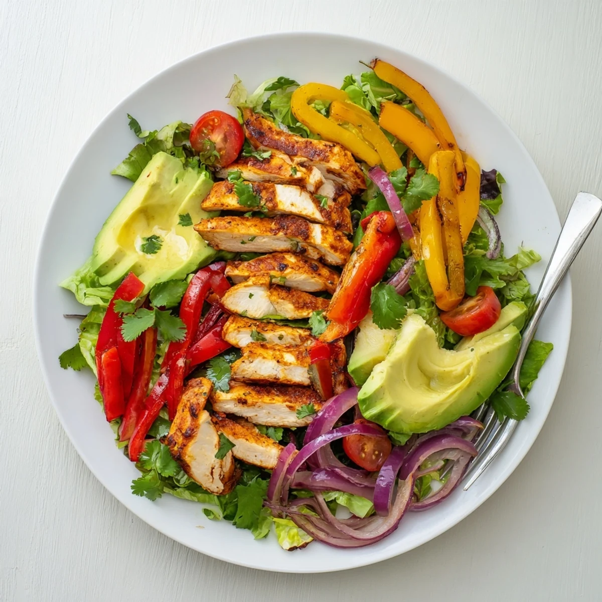 Colorful grilled chicken fajita salad recipe featuring spiced chicken strips atop fresh greens and vibrant bell peppers