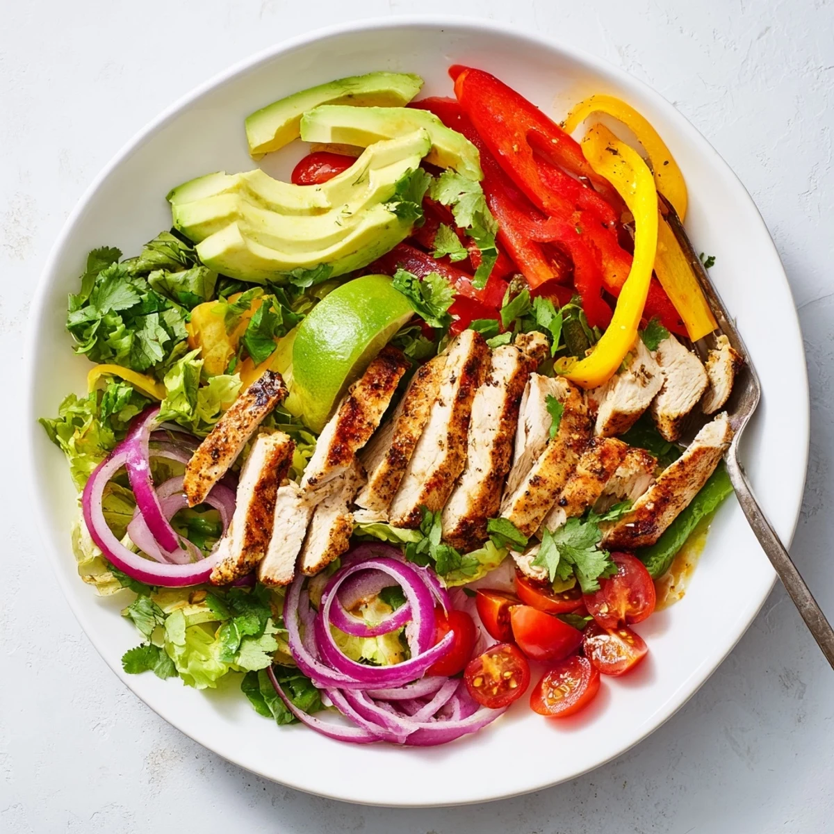 Hearty grilled chicken fajita salad recipe with juicy seasoned chicken, crisp vegetables, and zesty lime dressing