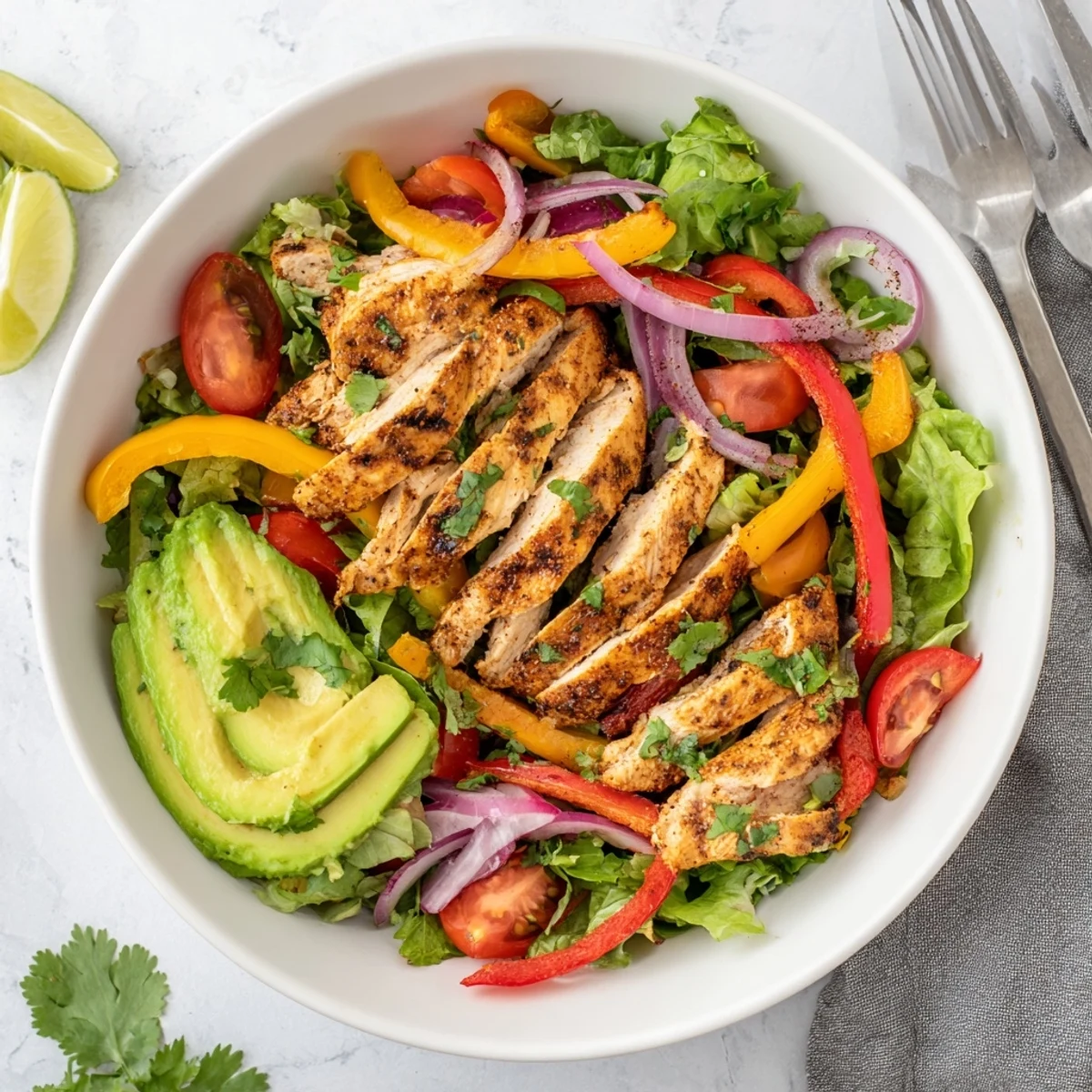 Plated grilled chicken fajita salad recipe displaying marinated chicken breast slices over mixed greens with avocado
