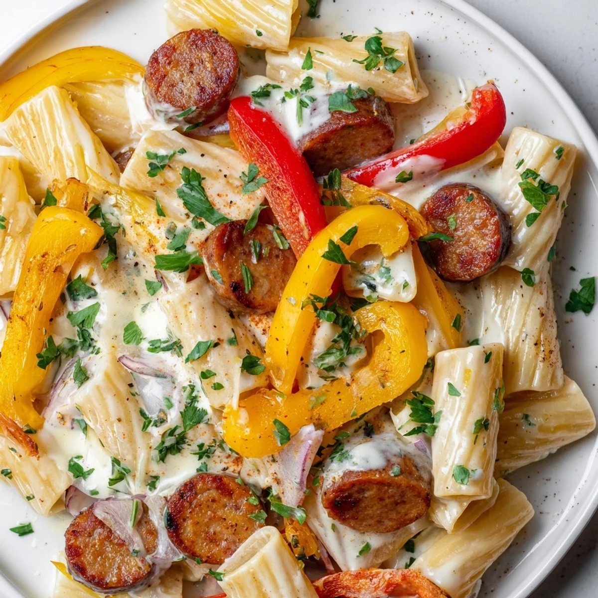 Creamy Cajun sausage pasta tossed with sliced andouille and colorful bell peppers in a rich spiced sauce