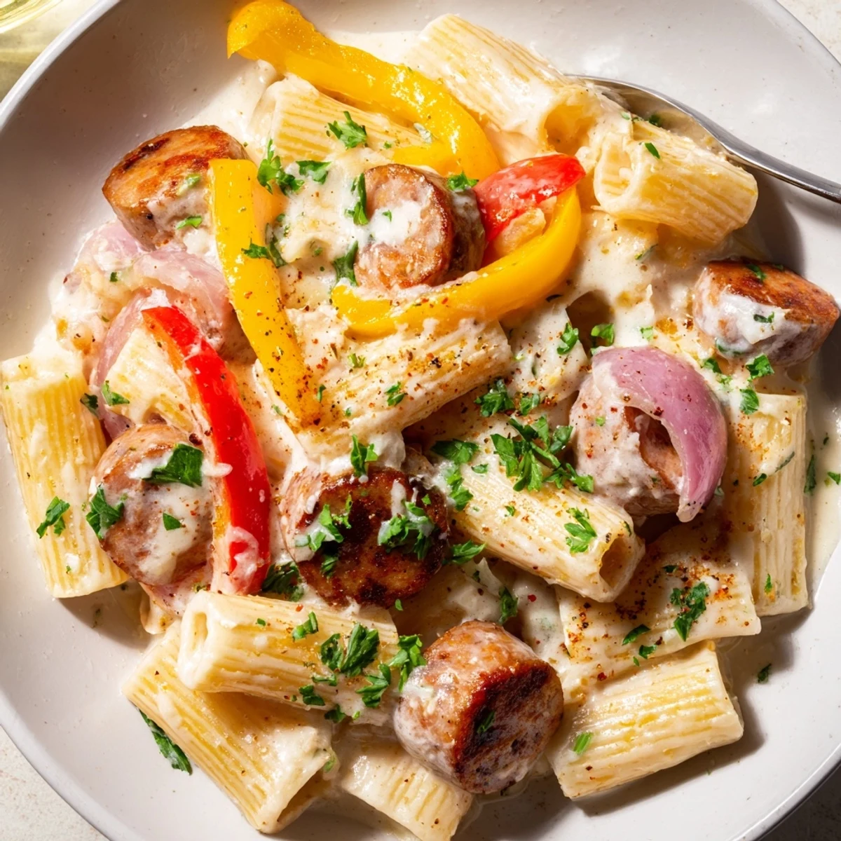 Hearty Cajun sausage pasta dish with sliced smoked sausage and peppers garnished with fresh green parsley