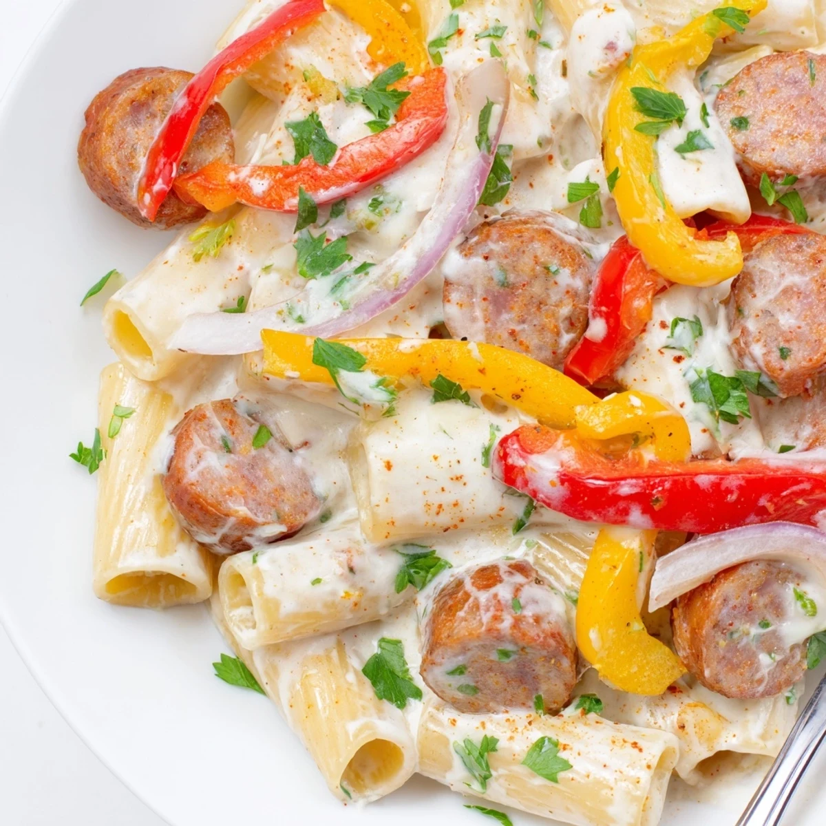 Plated Cajun sausage pasta featuring tender penne coated in a parmesan cream sauce with smoky sausage rounds