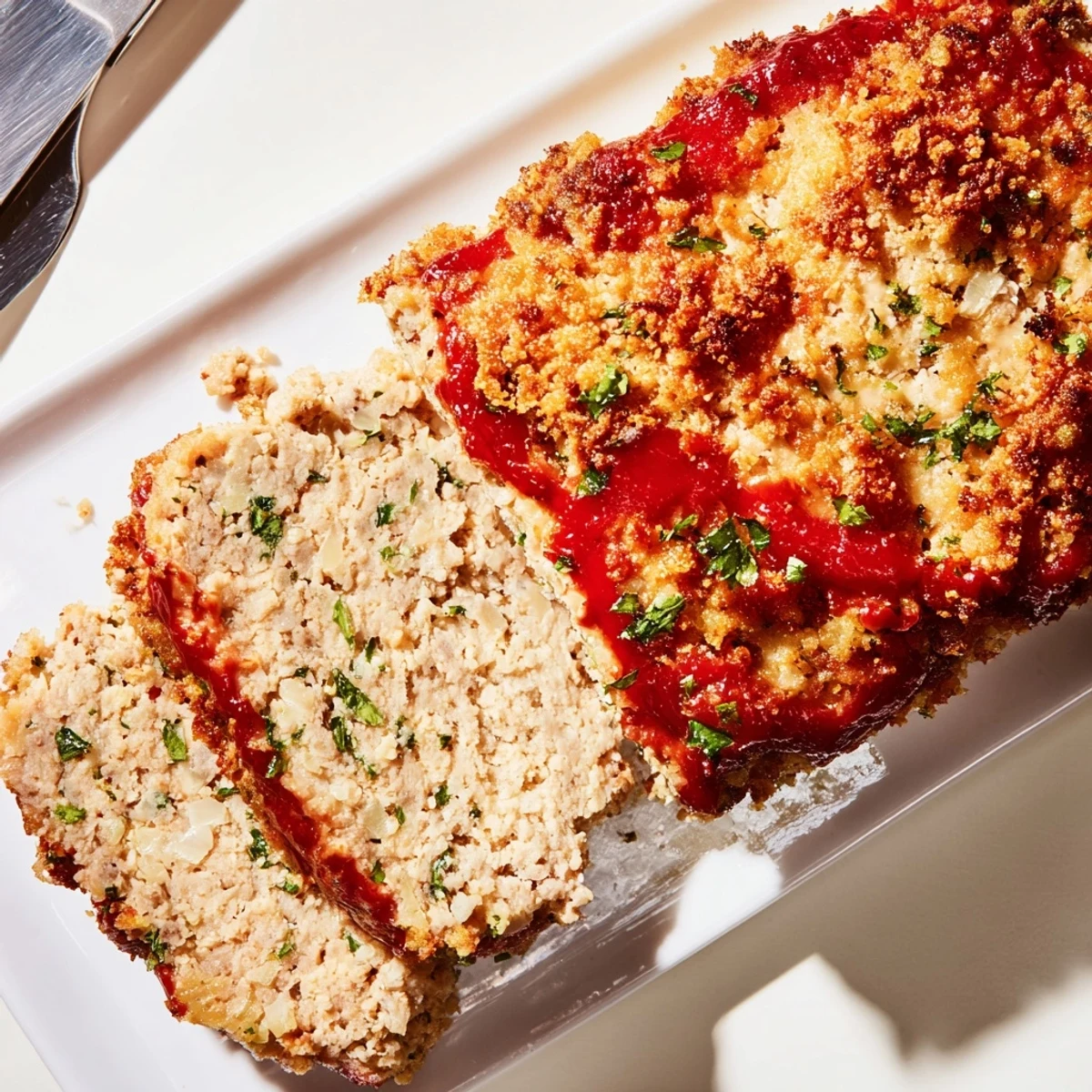 Golden brown Parmesan crusted turkey meatloaf sliced with melted cheese crust and fresh parsley garnish