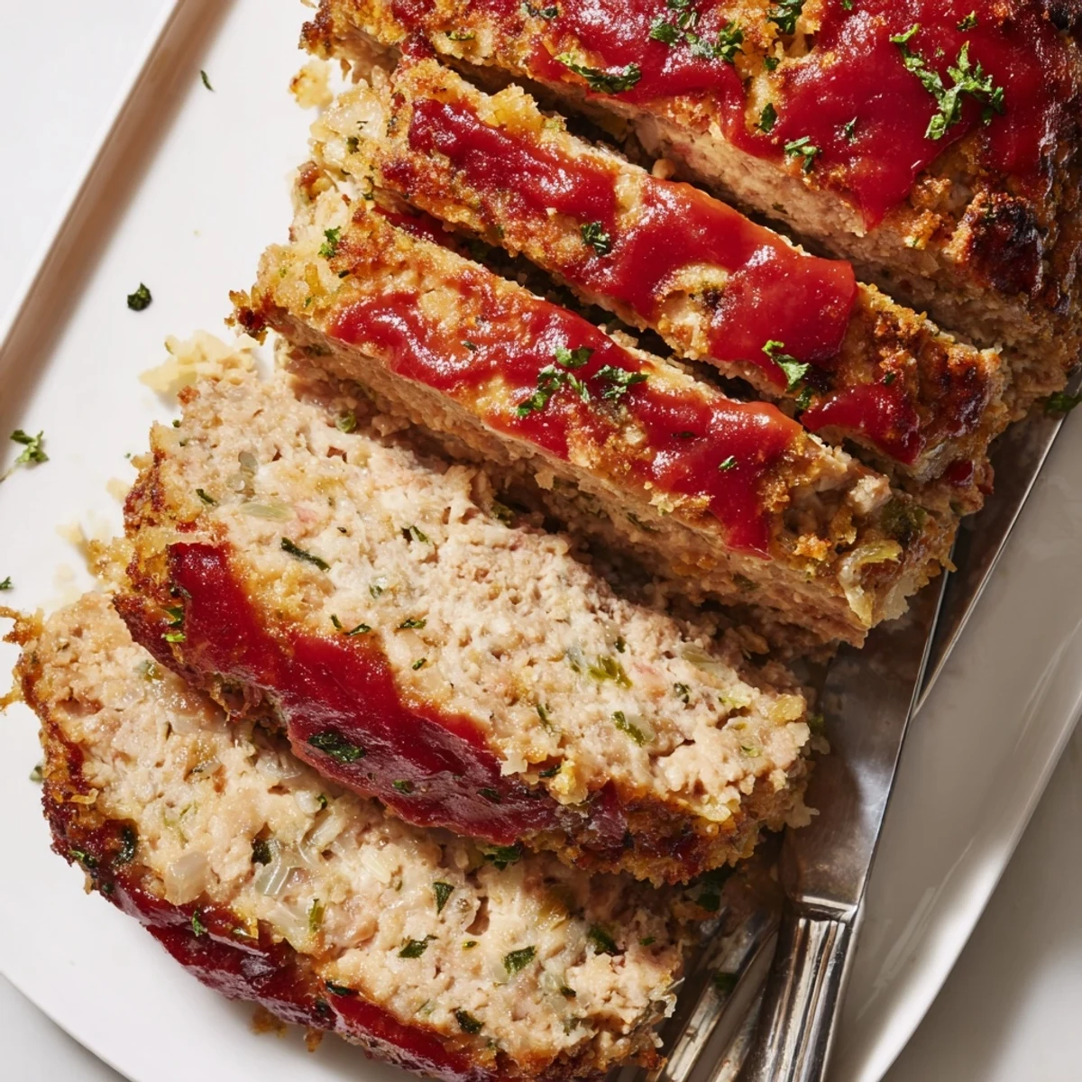 Savory meatloaf with golden Parmesan crust and ketchup glaze resting on cutting board with knife