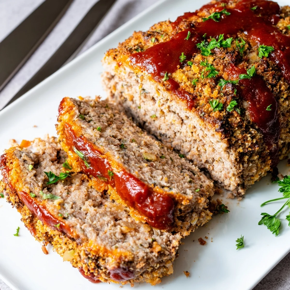Baked Parmesan crusted turkey meatloaf with crispy panko topping served on a white plate