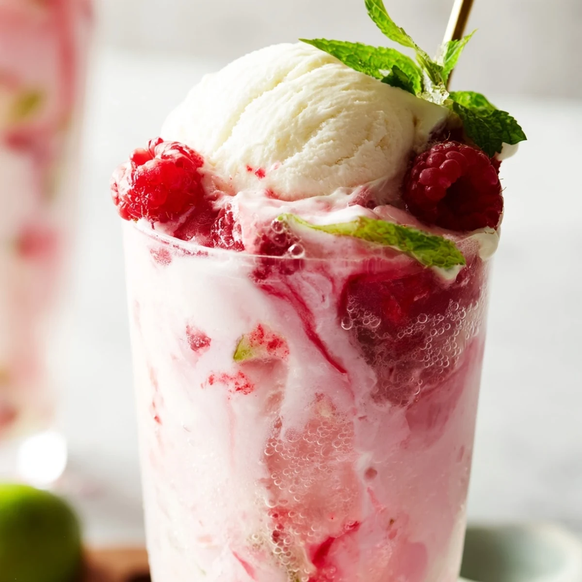 Tall glass of raspberry mint mojito float with vanilla ice cream scoop and fresh mint garnish