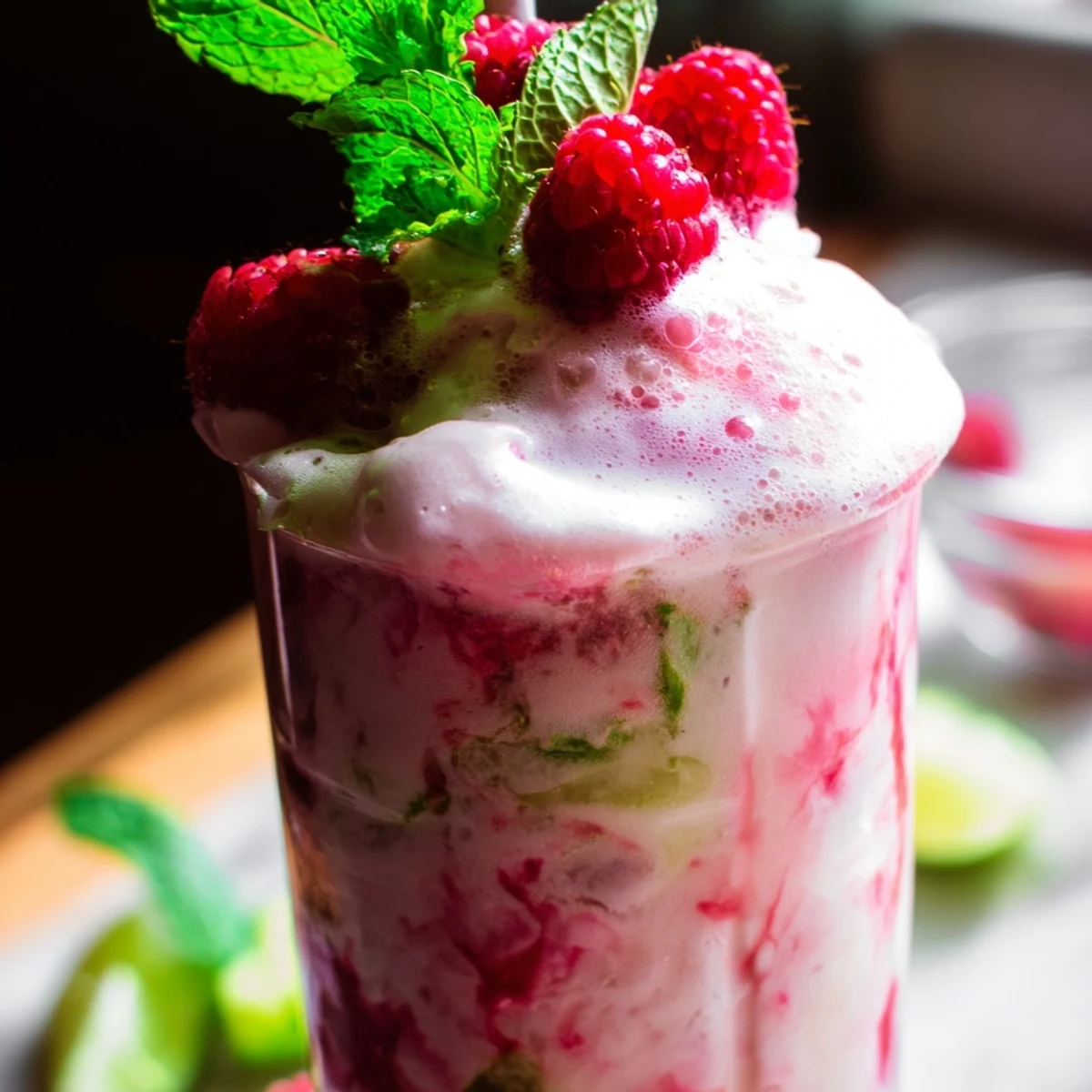 Refreshing raspberry mint mojito float featuring muddled berries, lime wedges, and melting vanilla ice cream top