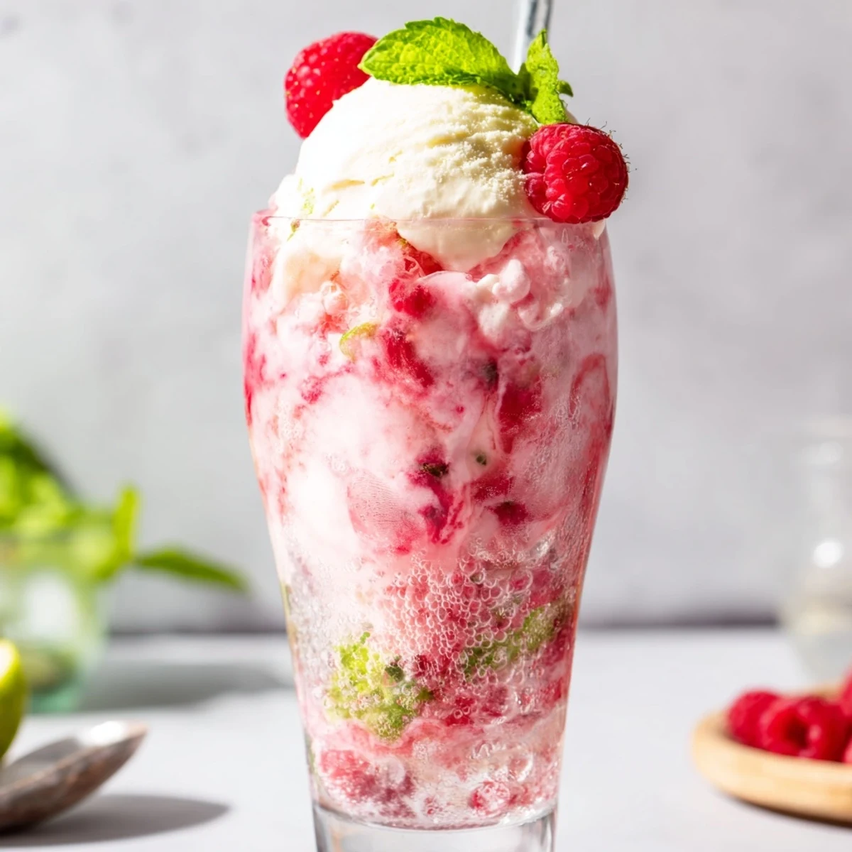 Raspberry mint mojito rebel float served in clear glass with layered soda and creamy vanilla ice cream