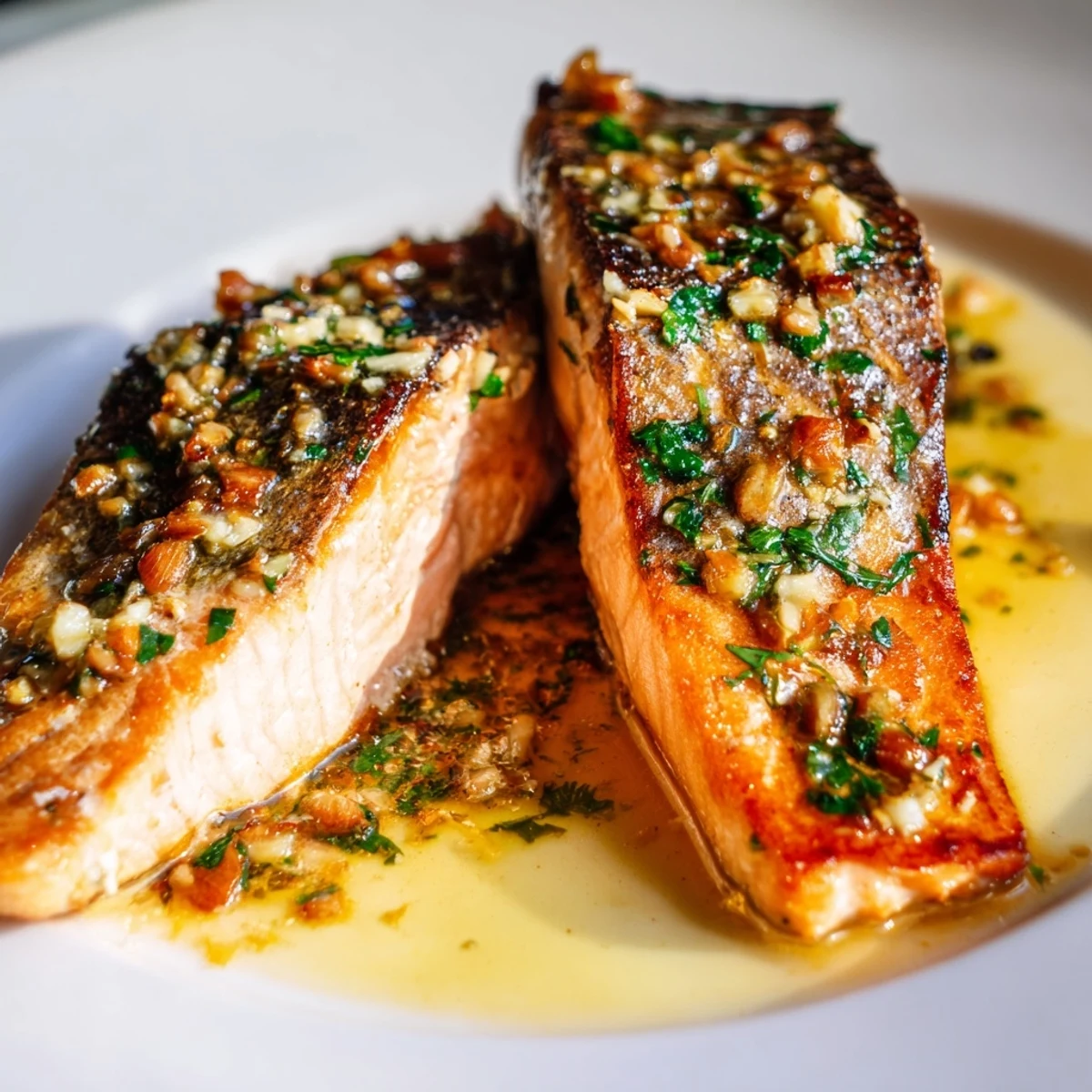 Golden pan seared salmon fillets with crispy skin topped with melted garlic butter sauce and fresh parsley