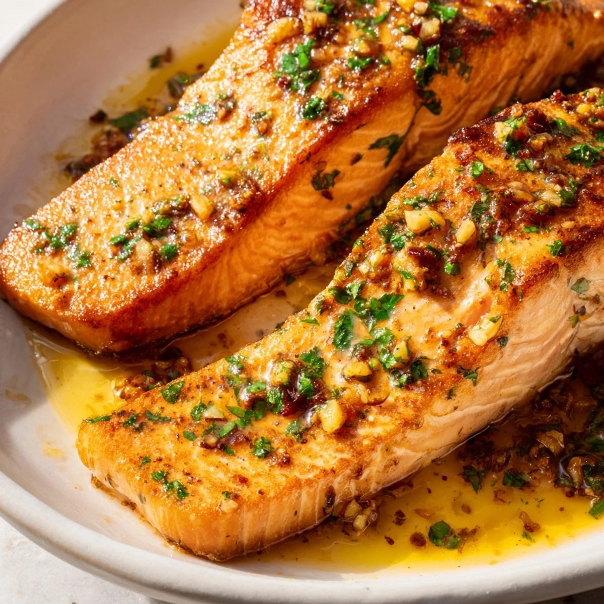 Crispy pan seared salmon drizzled with savory garlic butter and garnished with lemon wedges on a white plate