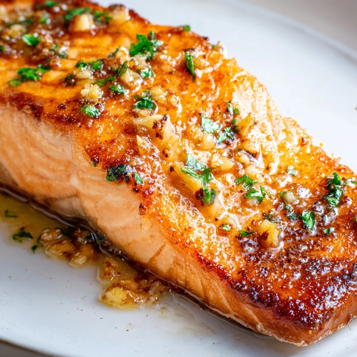 Restaurant style pan seared salmon with golden crust swimming in luscious garlic butter sauce with herb garnish