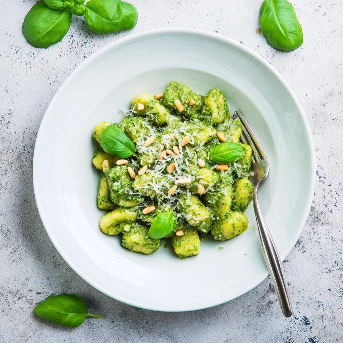 Italian pesto gnocchi dish drizzled with creamy basil sauce and topped with fresh basil leaves