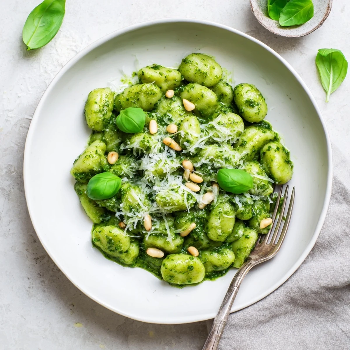 Soft pillowy gnocchi tossed with fresh homemade basil pesto and extra pine nut garnish