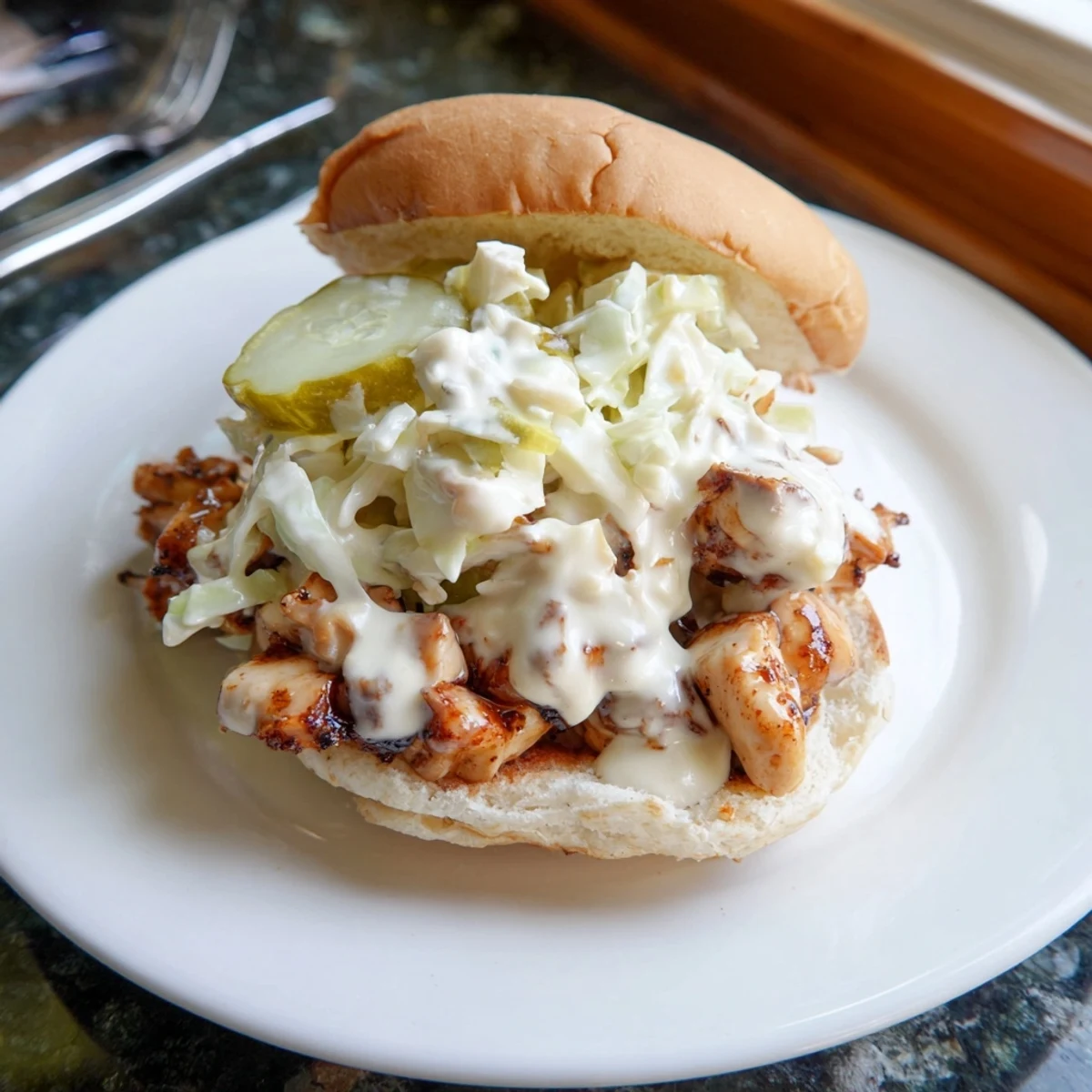 Golden grilled chicken piled high on soft bun with tangy Alabama white BBQ sauce