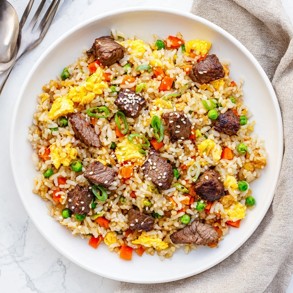 Golden fried rice with tender seared steak cubes and colorful vegetables on a sizzling Blackstone griddle