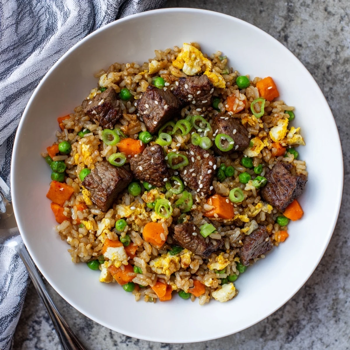 Close-up of Japanese-style fried rice featuring marinated beef, scrambled eggs, and crisp peas and carrots