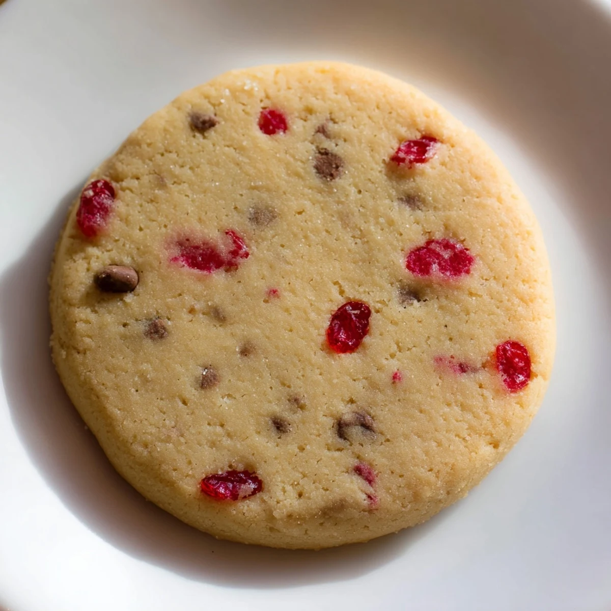 Golden Christmas maraschino cherry shortbread cookies dotted with bright red cherries on white platter