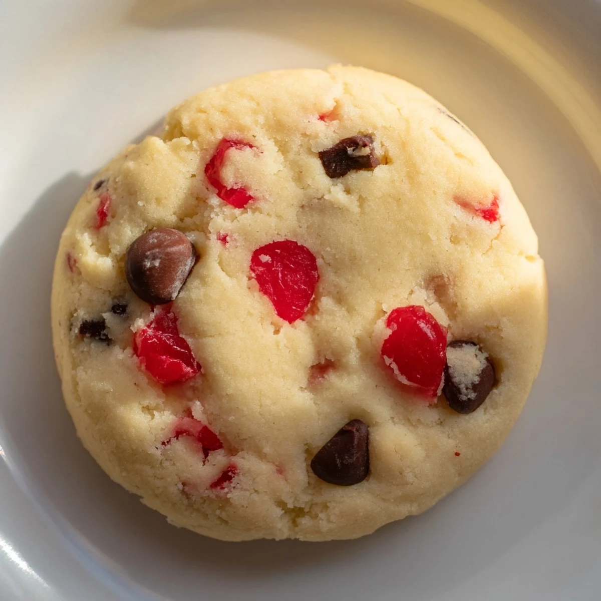 Festive red cherry studded shortbread cookies arranged on festive holiday serving plate with snowflake decorations
