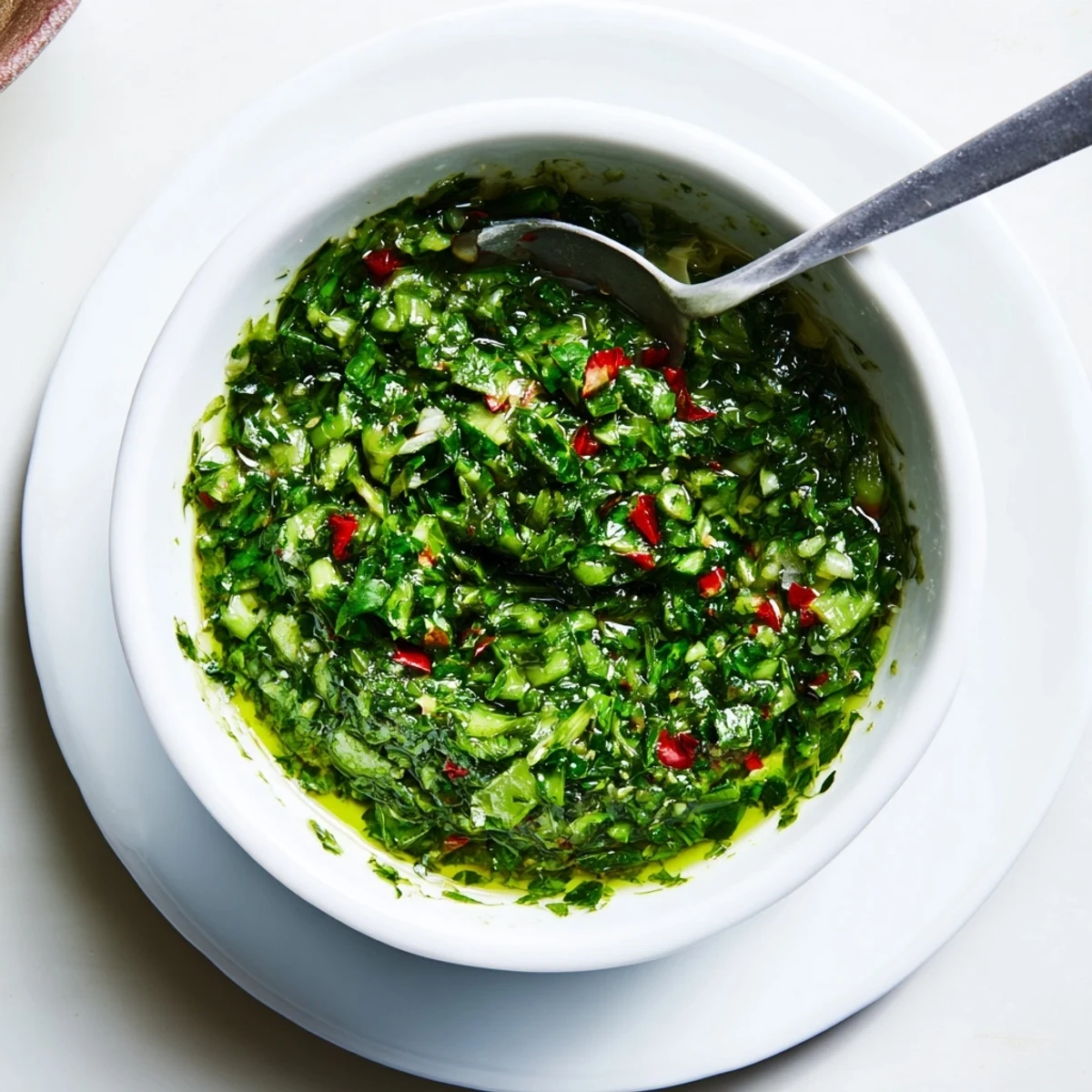 Vibrant green garlic scape chimichurri sauce drizzled over perfectly grilled steak and roasted vegetables