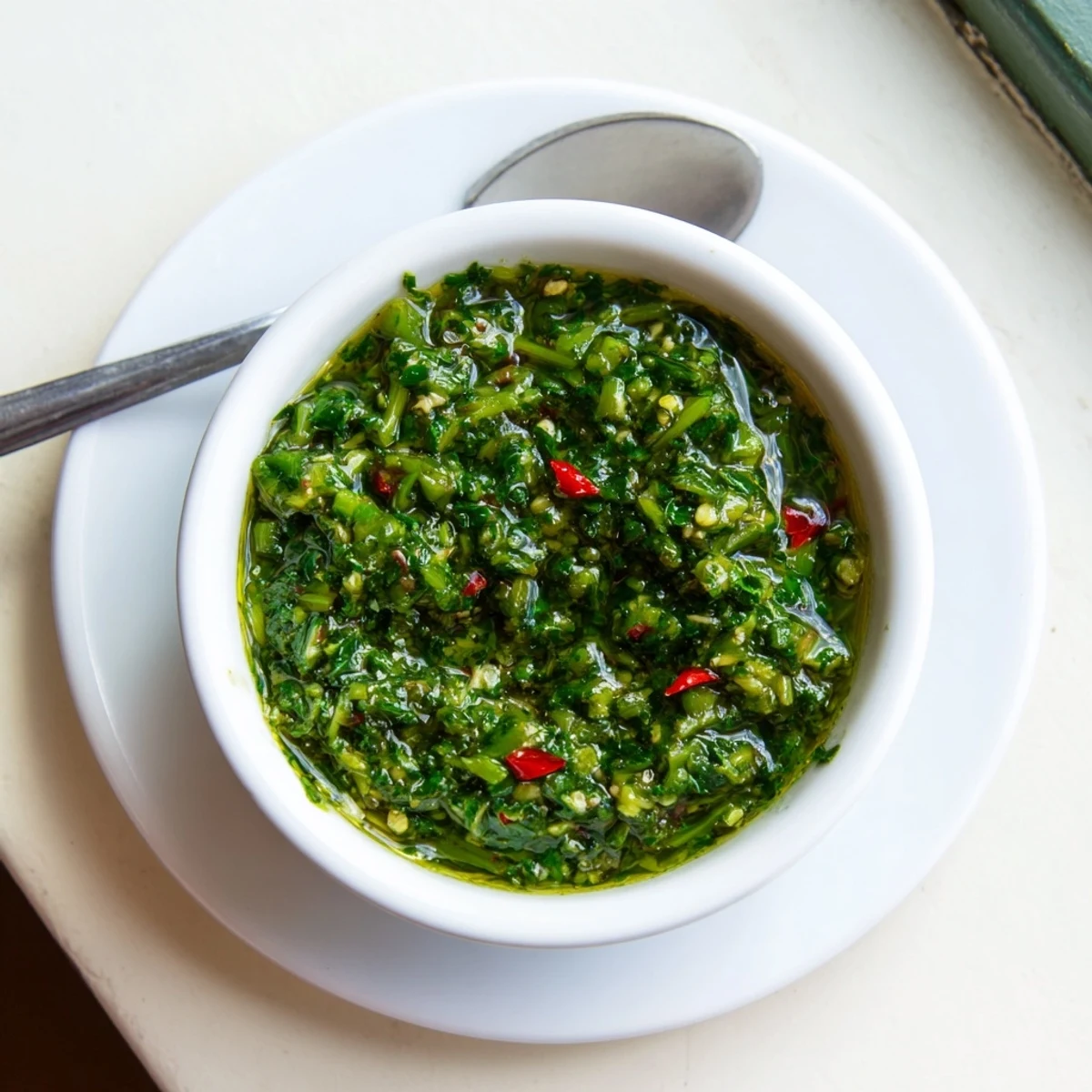 Fresh homemade garlic scape chimichurri sauce in rustic bowl with grilled meat and vegetables on wooden board