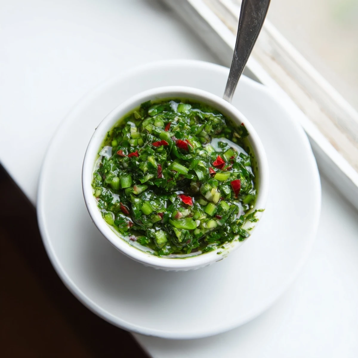 Herbaceous garlic scape chimichurri sauce topping juicy grilled chicken with colorful summer vegetables on white plate