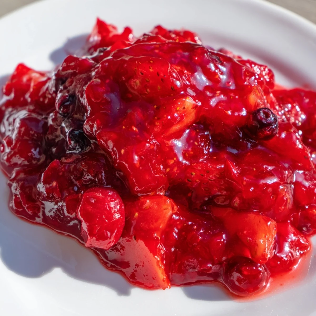 Glass jar filled with vibrant red strawberry rhubarb raspberry jam swirls on wooden table