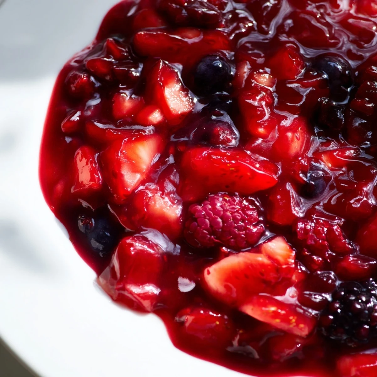 Spoon scoops chunky homemade strawberry rhubarb raspberry jam onto freshly toasted bread slice