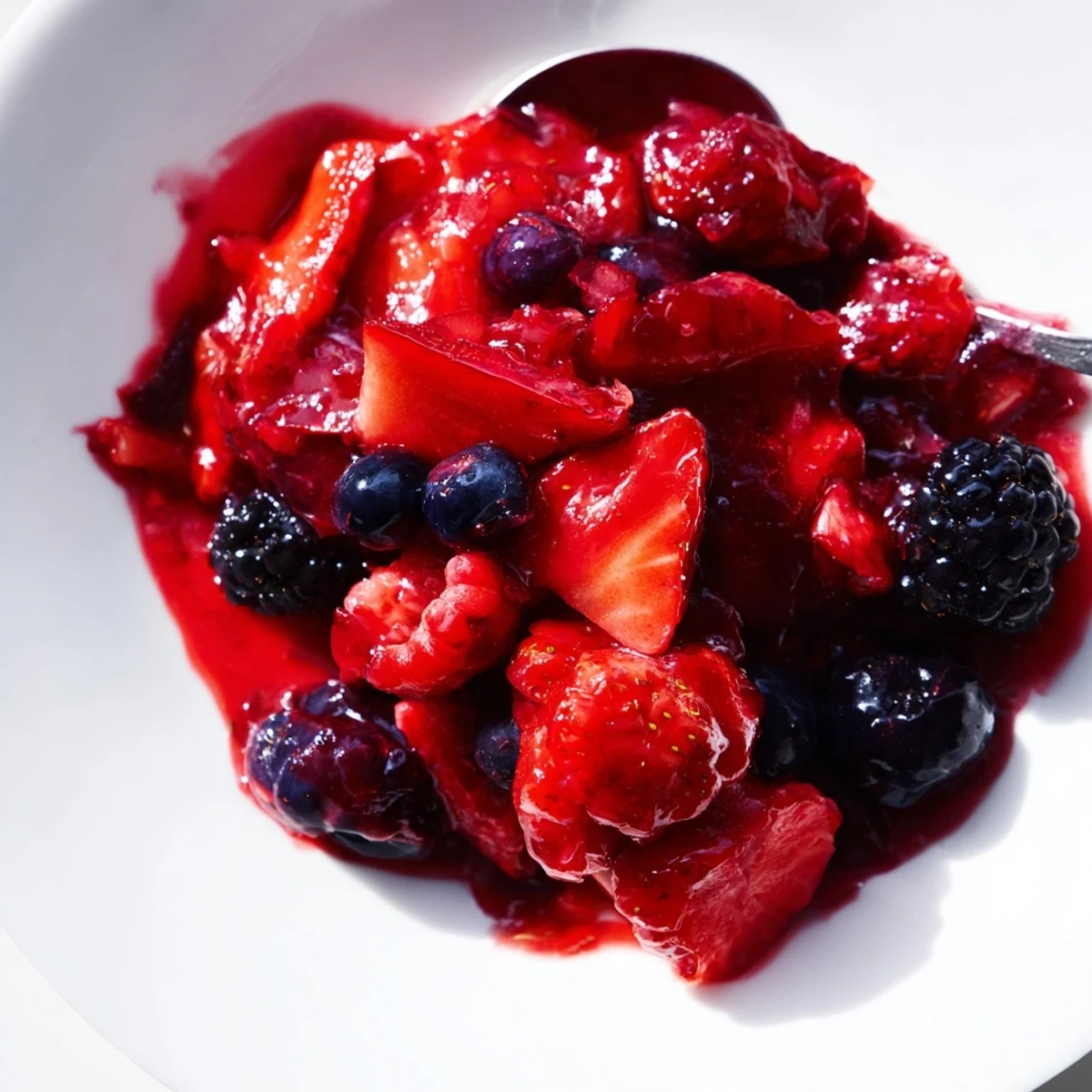 Golden sunlight catches ruby red strawberry rhubarb raspberry jam in open glass jar