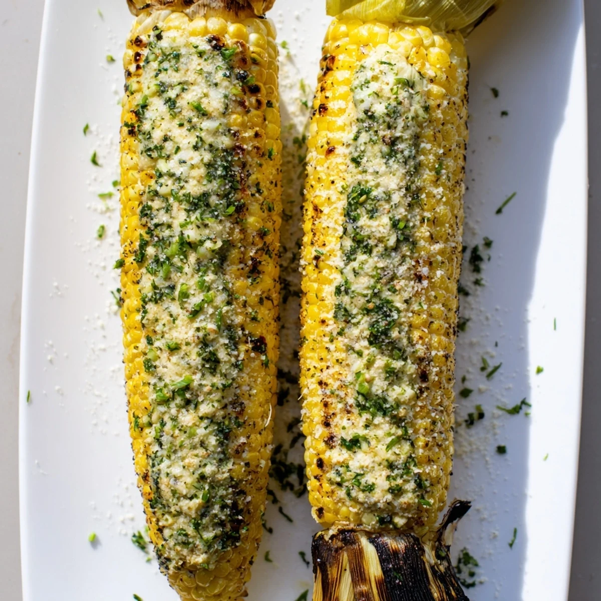 Flame-grilled corn on the cob coated with zesty parmesan ranch herb mixture