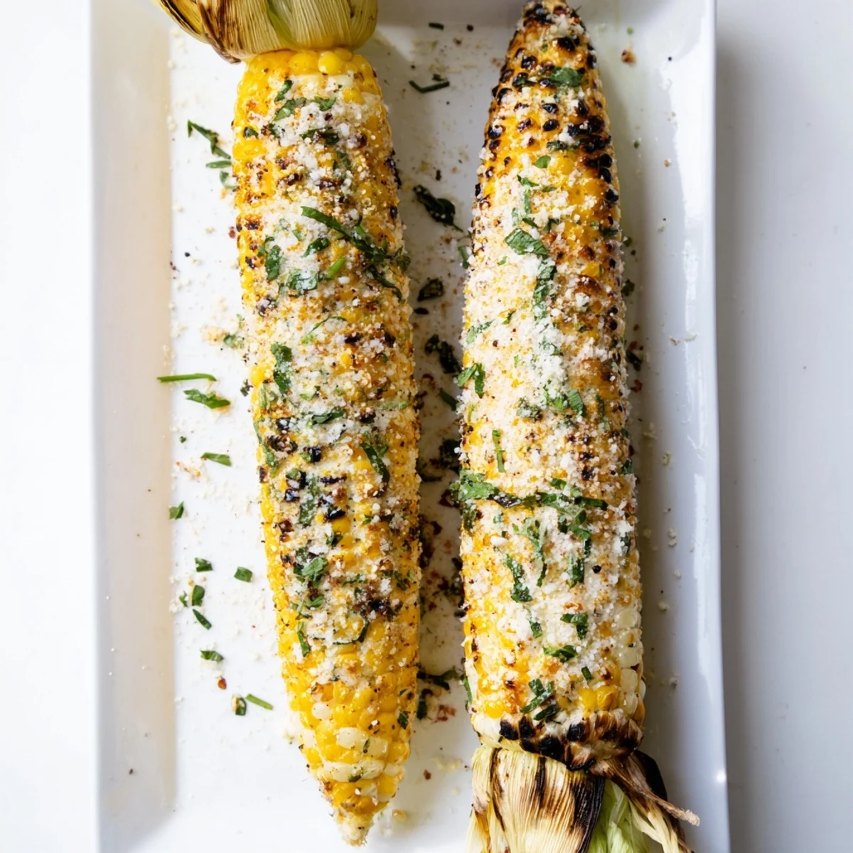 Summer BBQ side dish featuring charred corn sprinkled with ranch parmesan herb blend