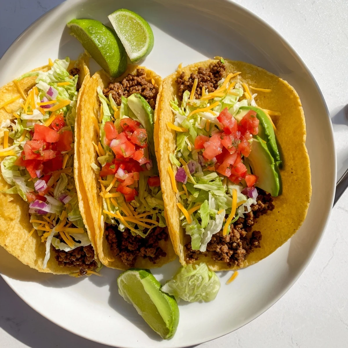Golden ground beef tacos filled with seasoned meat and topped with fresh homemade pico de gallo