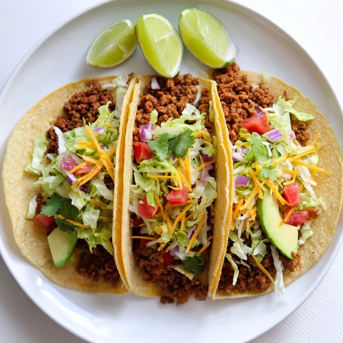 Delicious ground beef tacos with homemade spice blend served with crisp lettuce and creamy avocado
