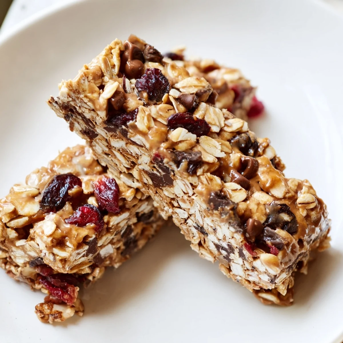 Golden no bake oat bars stacked on a wooden cutting board with visible oats and chocolate chips