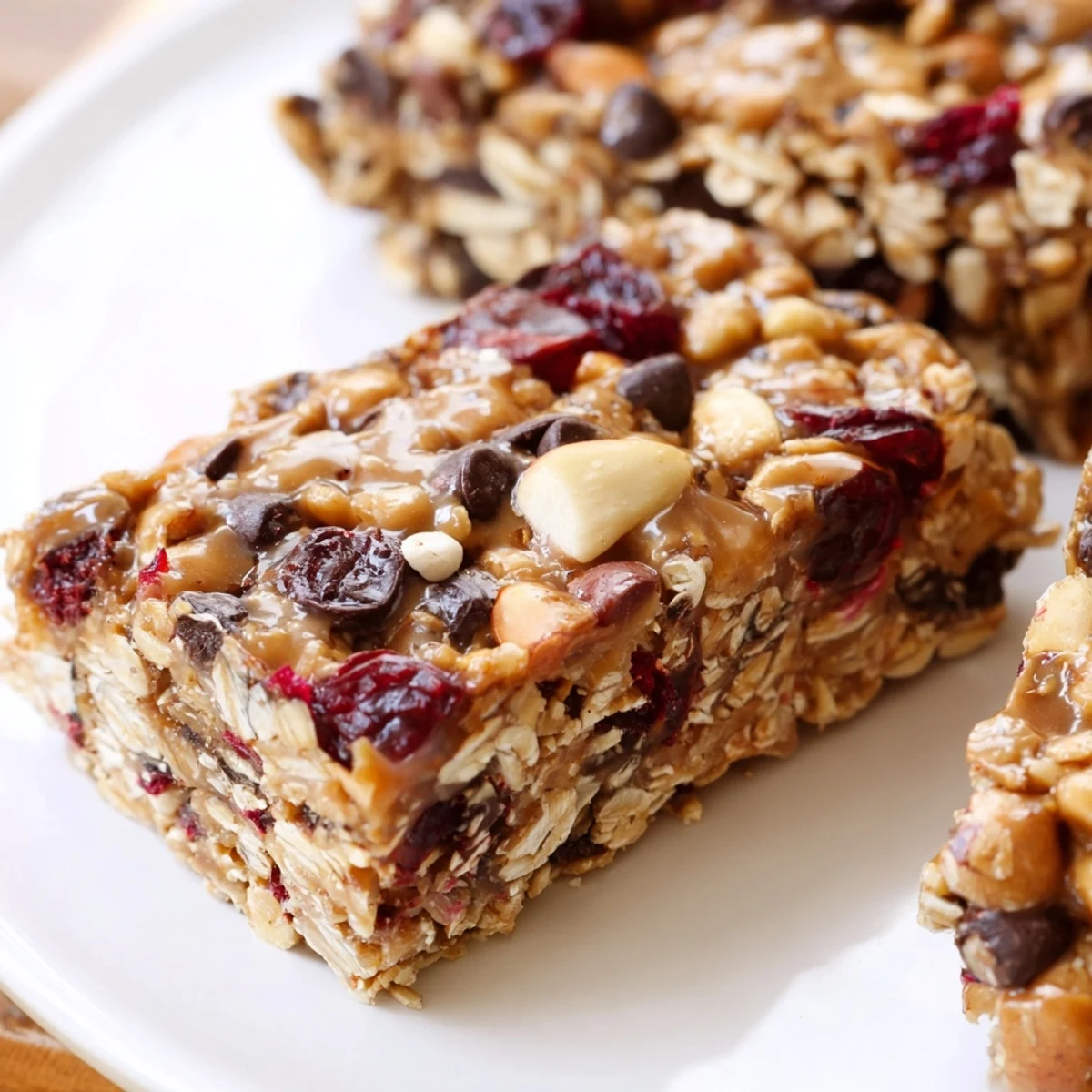 Square no bake oat bars with dried cranberries and nuts, cut into neat portions on parchment paper