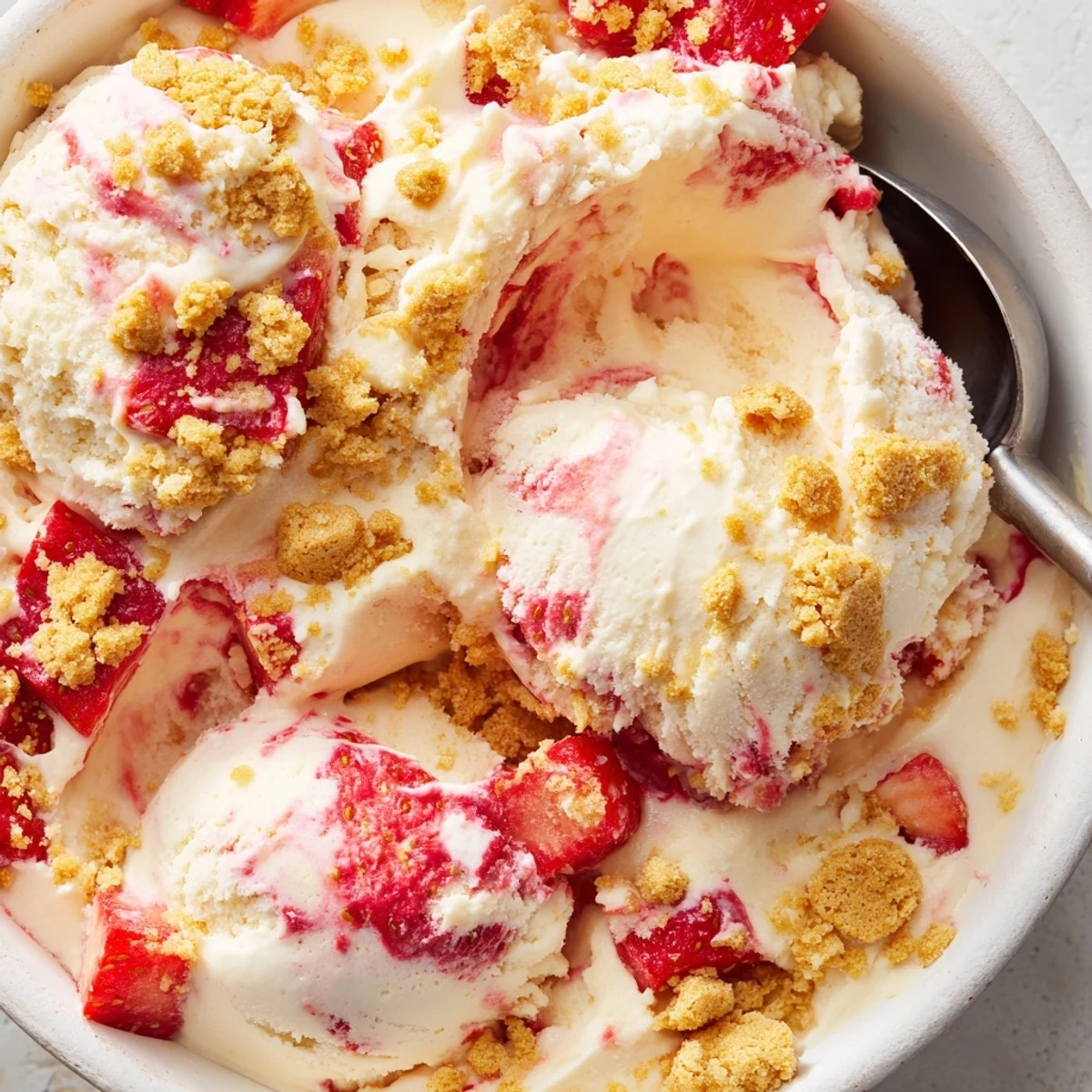 Creamy churn strawberry cheesecake ice cream swirled with bright red strawberry ribbons and golden graham cracker crumbs on a white background