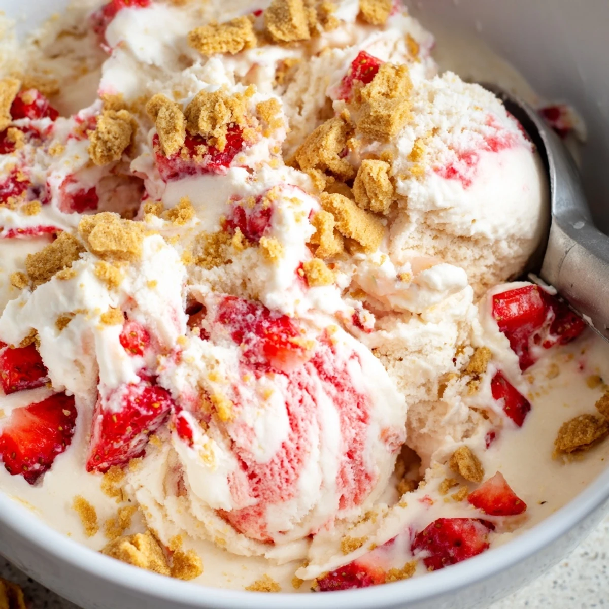 Homemade strawberry cheesecake ice cream scooped into a glass bowl topped with fresh strawberry slices and buttery cracker crumble